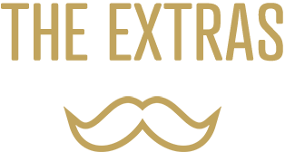 The Extras gold header with moustache.